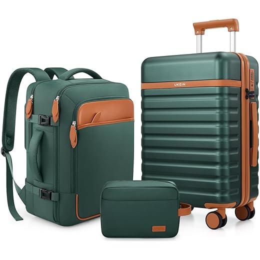 UKEIN Luggage Sets 3 Piece, Carry On Luggage 20In With Spinner Wheels,PC Hardside Suitcase Set with TSA Lock,Durable Carry On Suitcase With Travel Backpack for Men (Green, 3 piece set (20inch))