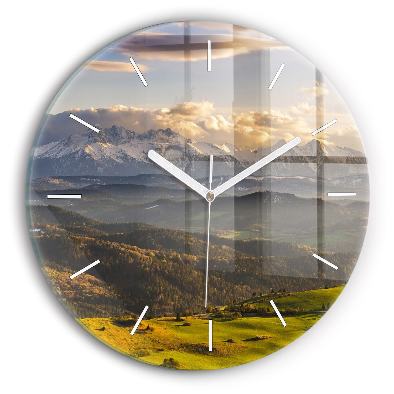 Horloge en verre Wallfluent 30 cm de style moderne avec motif de montagnes