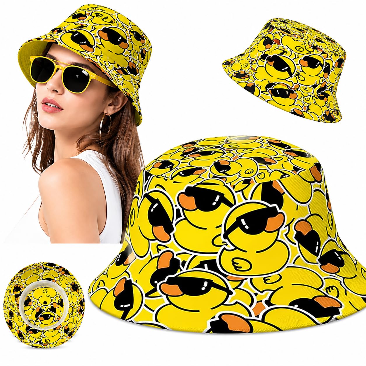Funny Duck Bucket Hat, Cute Reversible Fisherman Cap for Women Men, Yellow Cotton Polyester Sun Packable, Fashion Novelty Animals for Festival, Travel and Outdoor Activities (Sunglasses Duck)