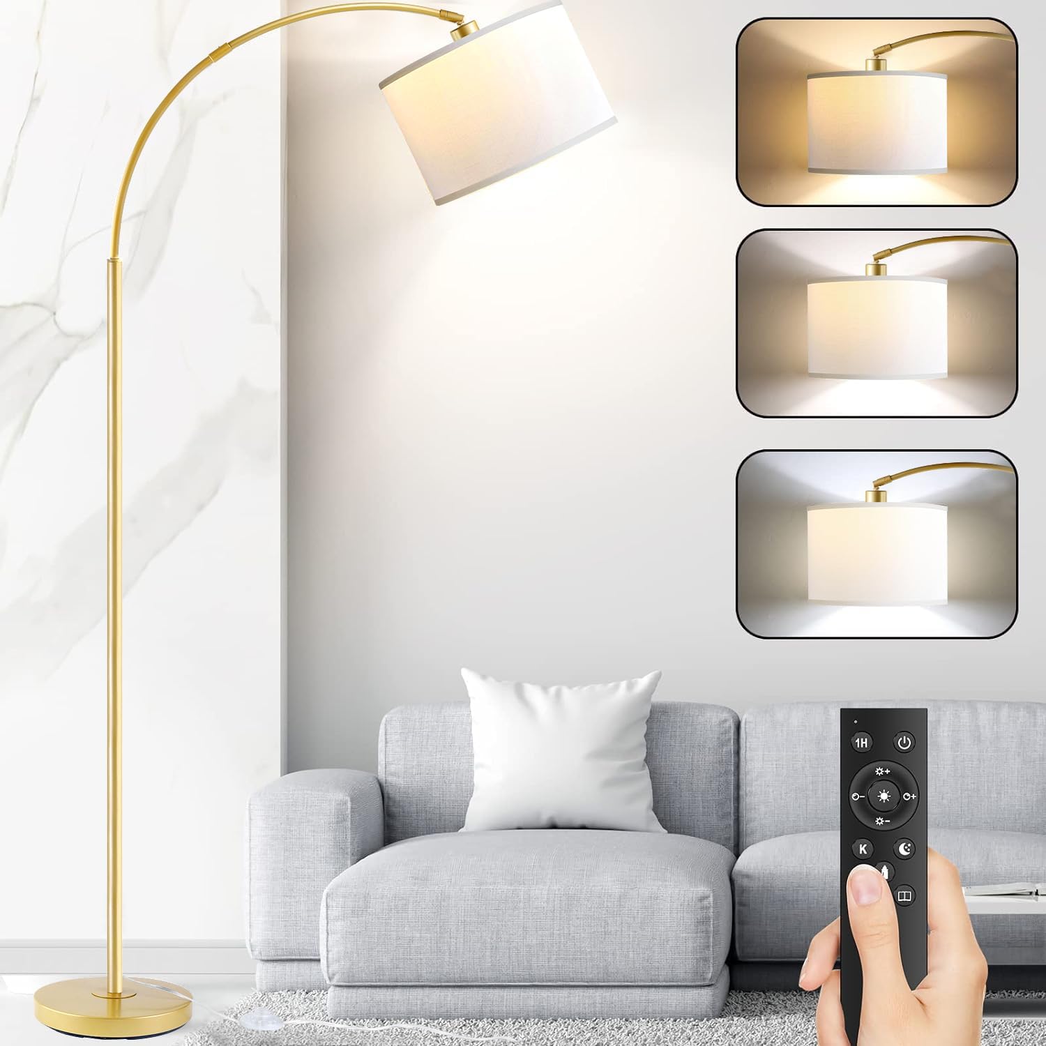 Arc Floor Lamps for Living Room, Modern Remote Control Standing FLamp with Stepless Dimmable, Gold Tall Lamp with White Drum Shade,Over Couch Arched Reading Light for Bedroom, Office(Bulb Included)