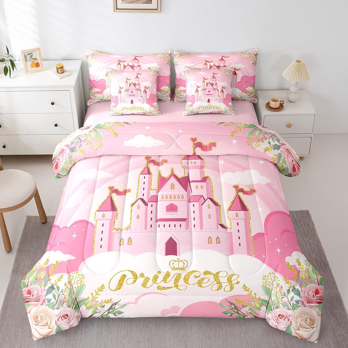 Girls Princess Comforter Set 7 Pieces Reversible,Cartoon Castle Pink Bed Set,Dreamy Fairy Tale Bedding Soft Microfiber Full (1 Comforter,2 Pillowcase,2 Pillow Covers,1 Flat Sheet,1 Fitted Sheet)