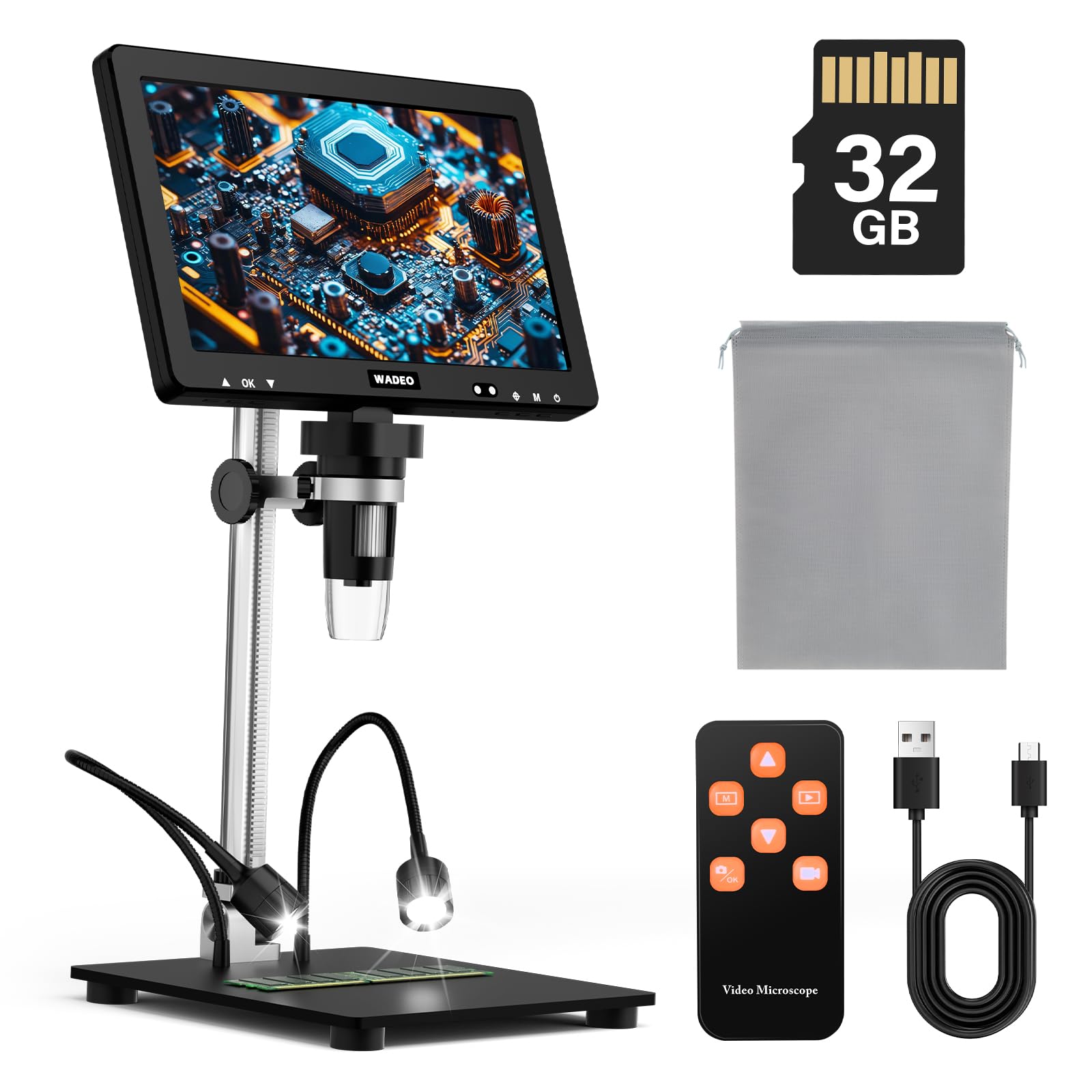 WADEO Mikroskop cyfrowy, ekran LCD 10,1 cala, 1200 x 1080p, typ C, karta 32 GB, 8 diod LED, mikroskop lutowniczy do naprawy elektroniki, mikroskopu monet, edukacji nastolatków