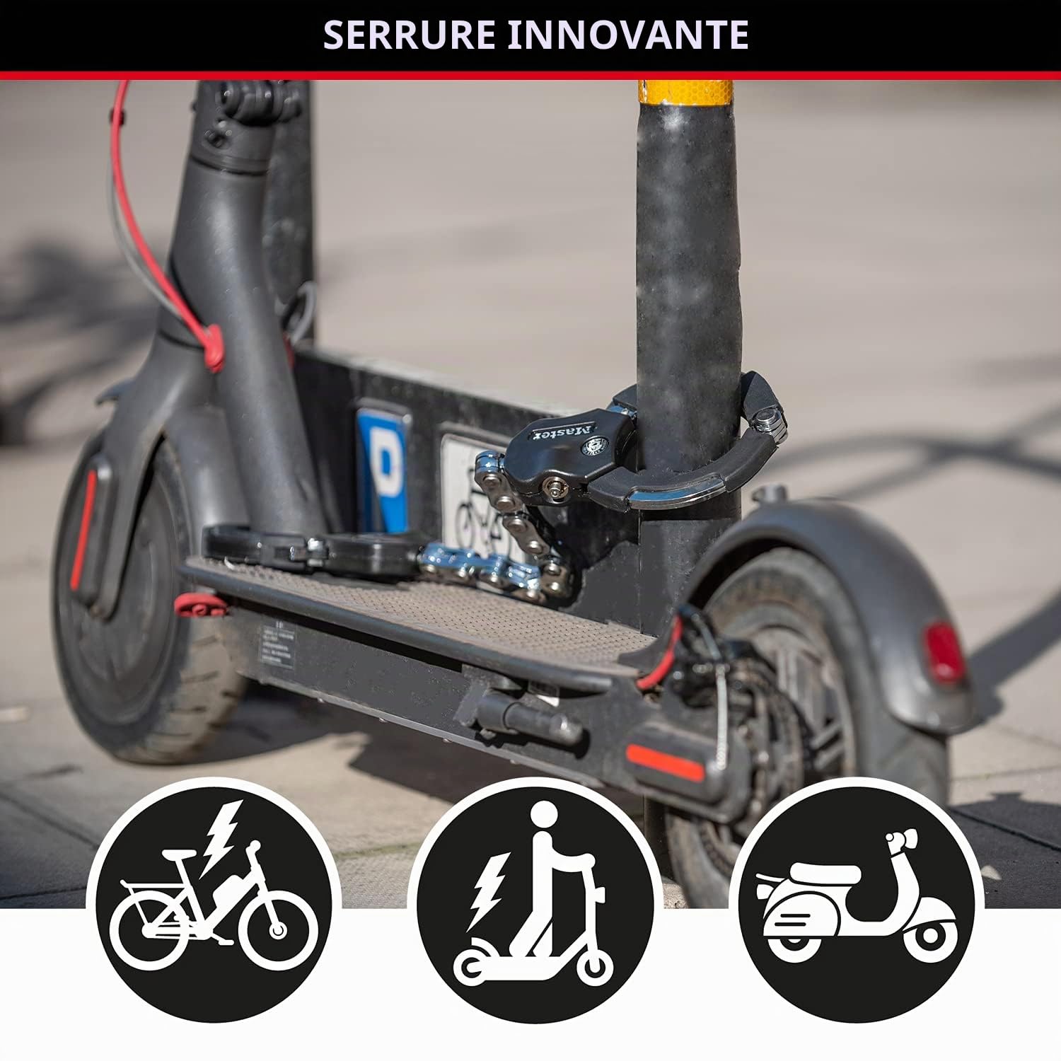 Master Lock Antivol Trottinette Certifié et Breveté, 55 cm, idéal pour trotinette électrique & Câble Antivol à Clef avec Menotte, 1m, Idéal pour vélos, trottinettes, poussettes