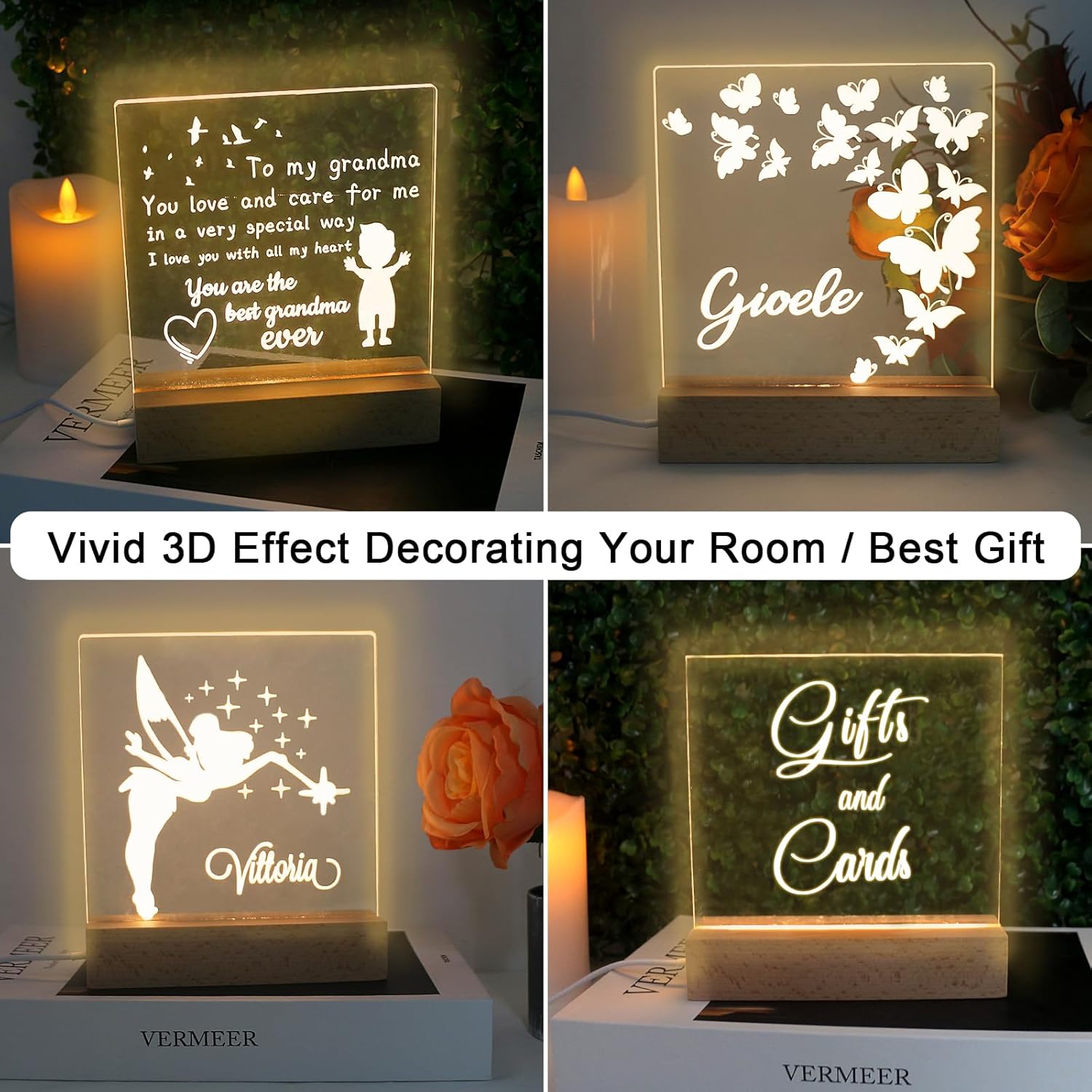 LACGO 4 PCS 6'' Wooden Light Base with Acrylic Display Boards - LED Wooden Bases with Warm White Lighted Rectangle Wood Acrylic Pedestal Stand for Home Room Bar Cafe Easter Decoration