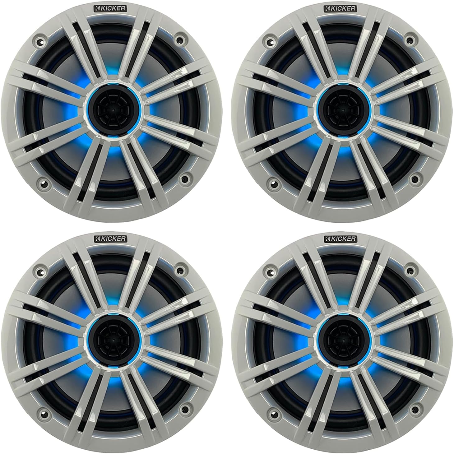 KICKER 6.5" 195 Watt Peak Power Marine OEM Replacement RGB Multicolor LED Boat Audio Speakers (Qty 4) with White Grilles