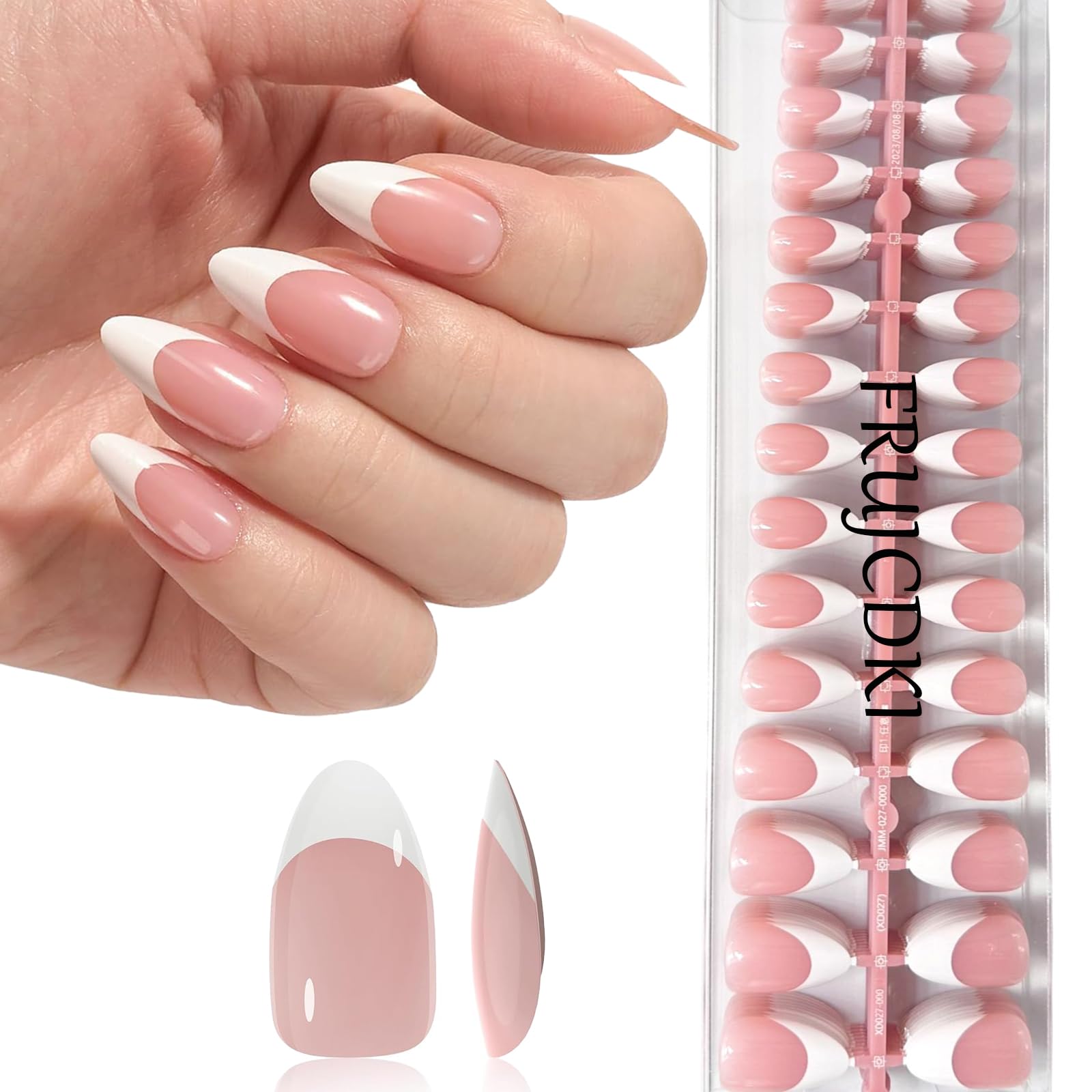 French Gel Nail Tips - French Tip Press on Nails Almond 3 in 1 X-coat Tips Pre-applied Tip Primer & Base Coat, No Need to File Fake Nails for Nail Art DIY (Brillante)