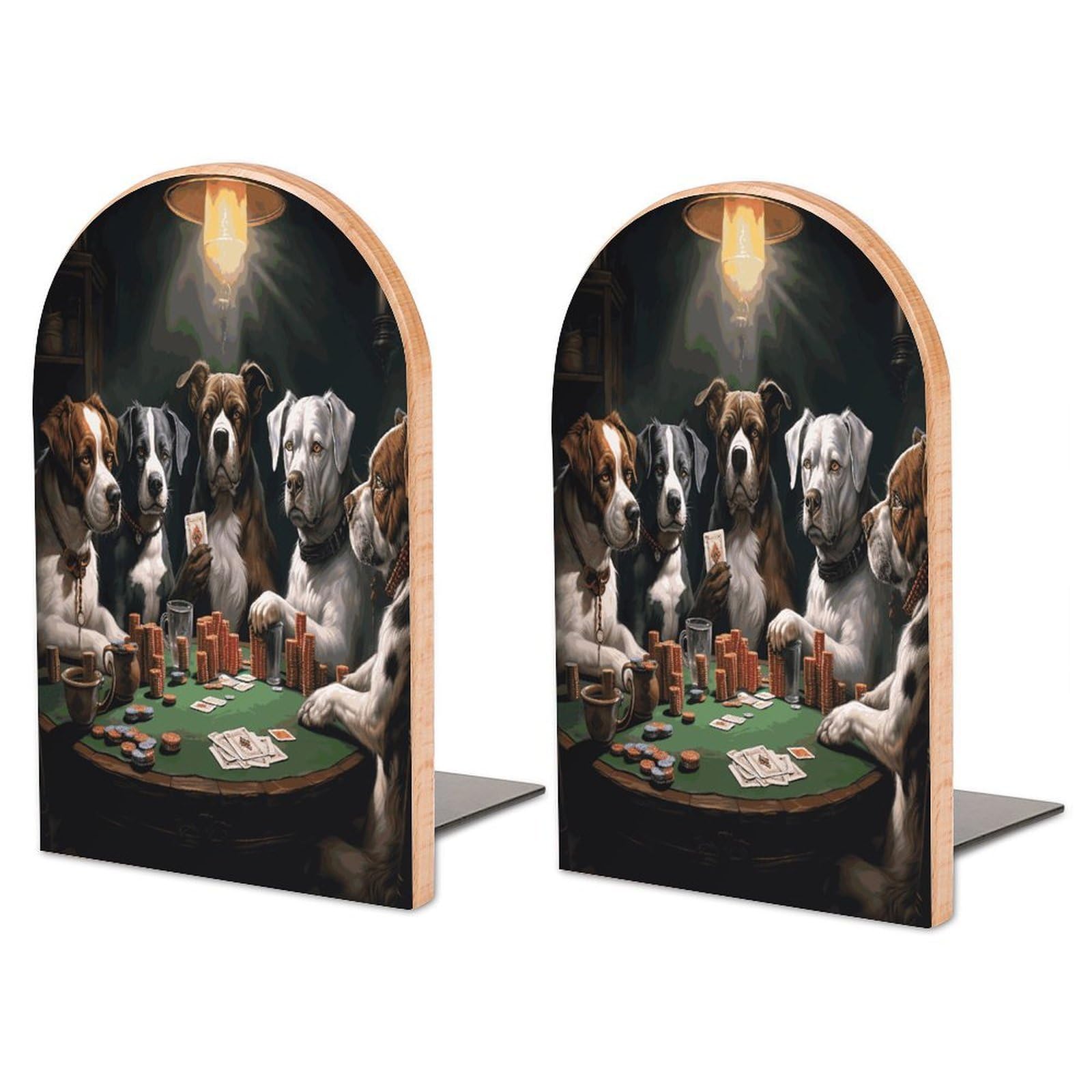 Playing Poker Dogs Bookend for Shelves Wooden Book End Large Size Sturdy Book Holders Stoppers with Metal Base for Bookshelves Slick Decorative Bookends Stands