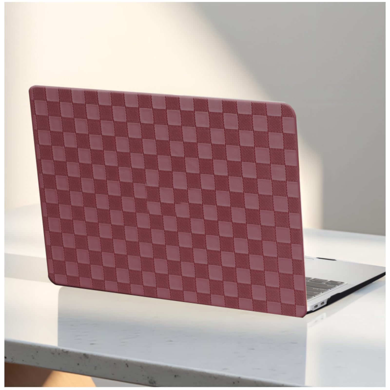 Photo 1 of BYCeKe Compatible with MacBook Air 15 inch Case 2023-2026 M5 M4 A3241 M3 A3114 M2 A2941, Checkered Textured Cream Leather Hard Shell Case&Keyboard Cover for Mac Air15 Laptop, Checkerd Burgundy