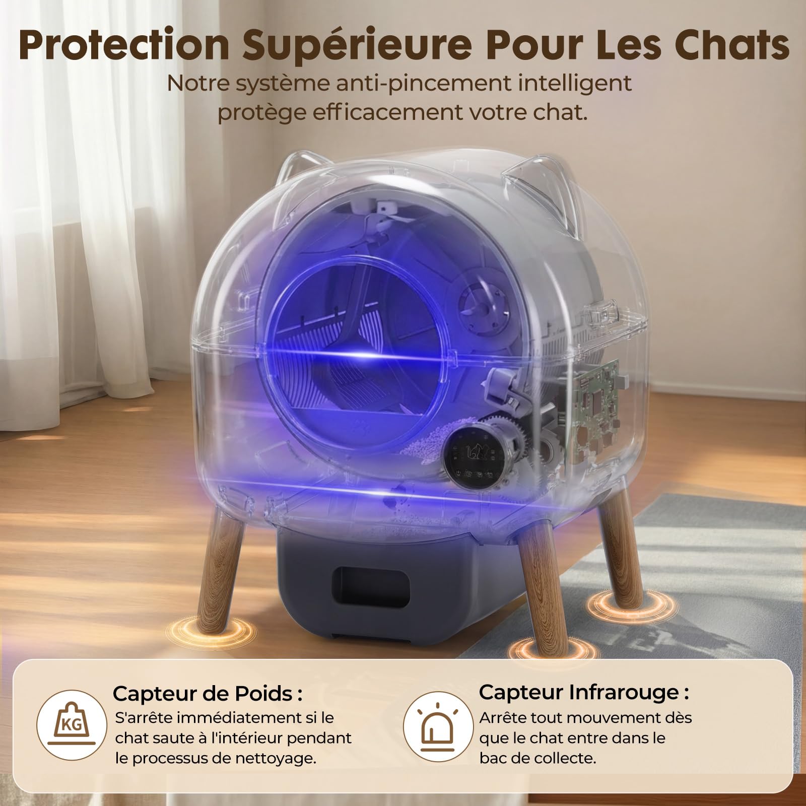 GTPLAYER Litiere Chat Autonettoyante 66L, Litière Automatique avec Contrôle APP, Anti‑Pincement, Éclairage LED 6 Couleurs, Bac Litiere pour Chat Inclus Tapis & Déodorant, pour Plusieurs Chats, Gris