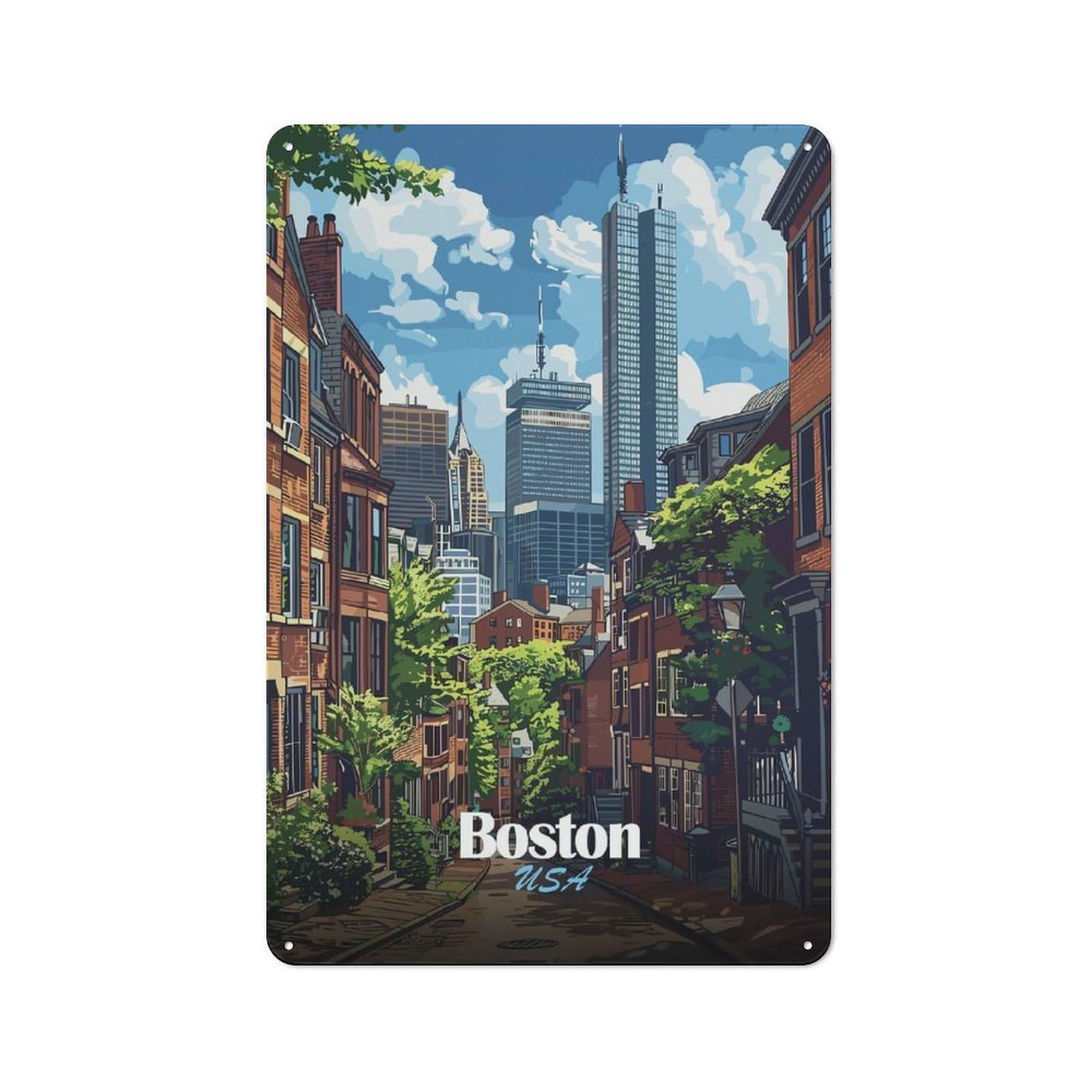 Junmoney Style-20 Boston Usa Cityscape Illustration Garden Room Metal Sign 30X20cm, Vintage Shed Wall Decor For Conservatory, Home Bar Or Utility Room