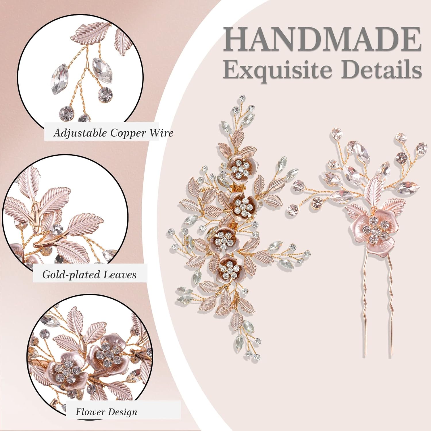 4 Pieces Bridal Rose Gold Hair Accessories for Brides and Bridesmaids Rhinestone Hair Pins Crystal Flower Barrette Wedding Combs with Leaves - Image 4