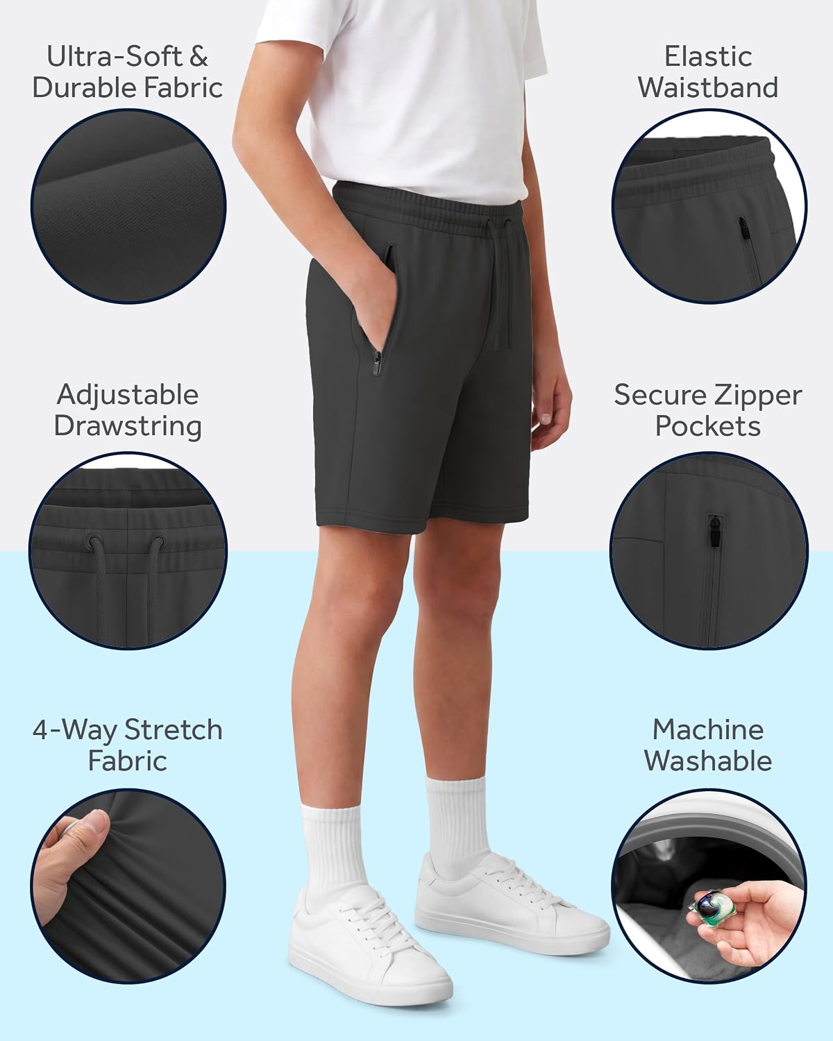 PURE CHAMP Boys Athletic Shorts 3 Pack Active Boys Shorts Youth Kids Elastic Waist with Zipper Pockets Toddler-18
