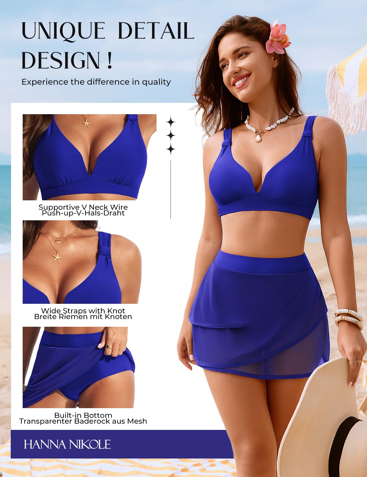 Hanna Nikole Ensemble bikini pour femme, maillot de bain pour femme, maillot de bain push-up taille haute, maillot de bain sexy deux pièces en maille avec encolure en V