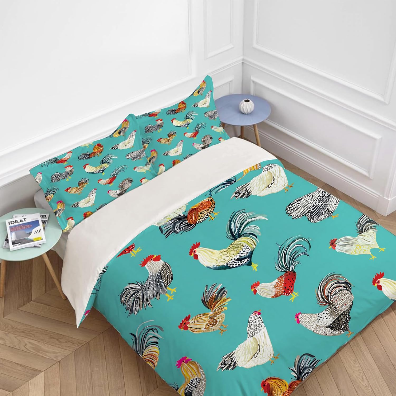 Farmhouse Chicken Theme 3 Pieces Duvet Cover Comforter Set with 2 Pillowcase Queen Size Farm Rooster Bed Sheet Quilt Bedroom Bedding for Lover Kids