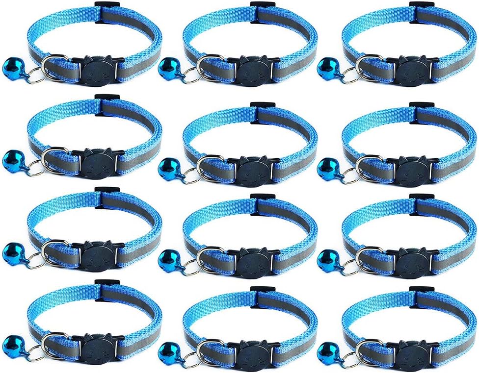 12x Reflective Design Adjustable Cat Collars More Safety Quick Release Safety Buckle with Bell (Sky Blue)