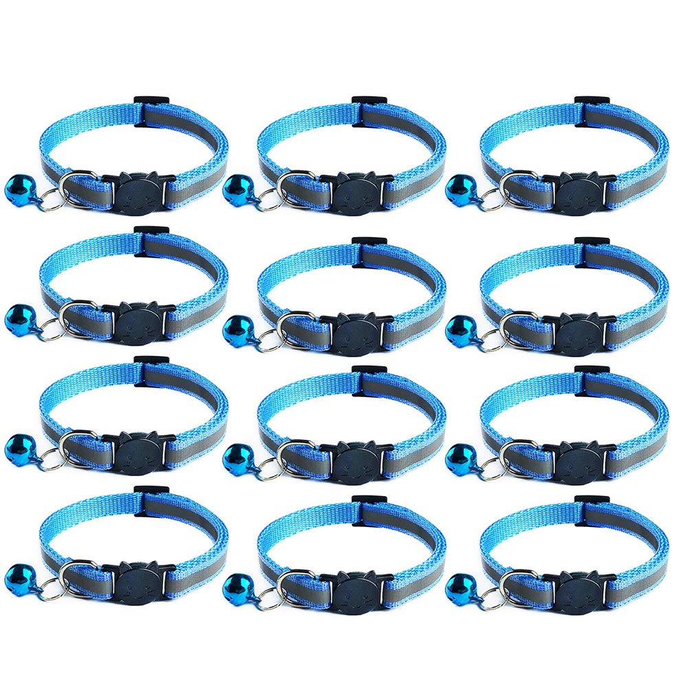 12x Reflective Design Adjustable Cat Collars More Safety Quick Release Safety Buckle with Bell (Sky Blue)