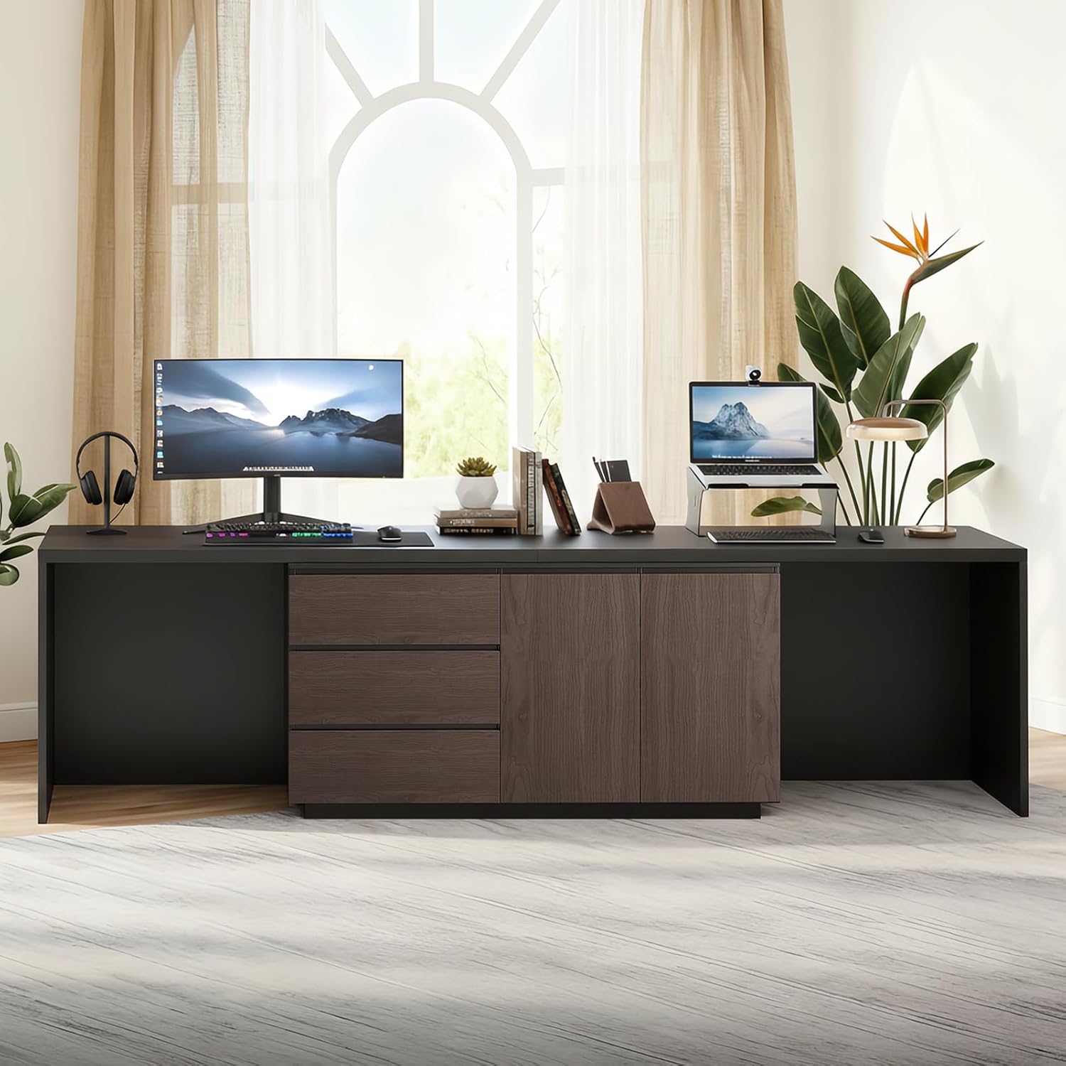 135-Inch Extra Long 2-Person Desk with 3 Drawers and 2 Cabinet Doors, Black and Dark Walnut Texture, Double Computer Desk L-Shaped Workstation for Family Shared Office Space