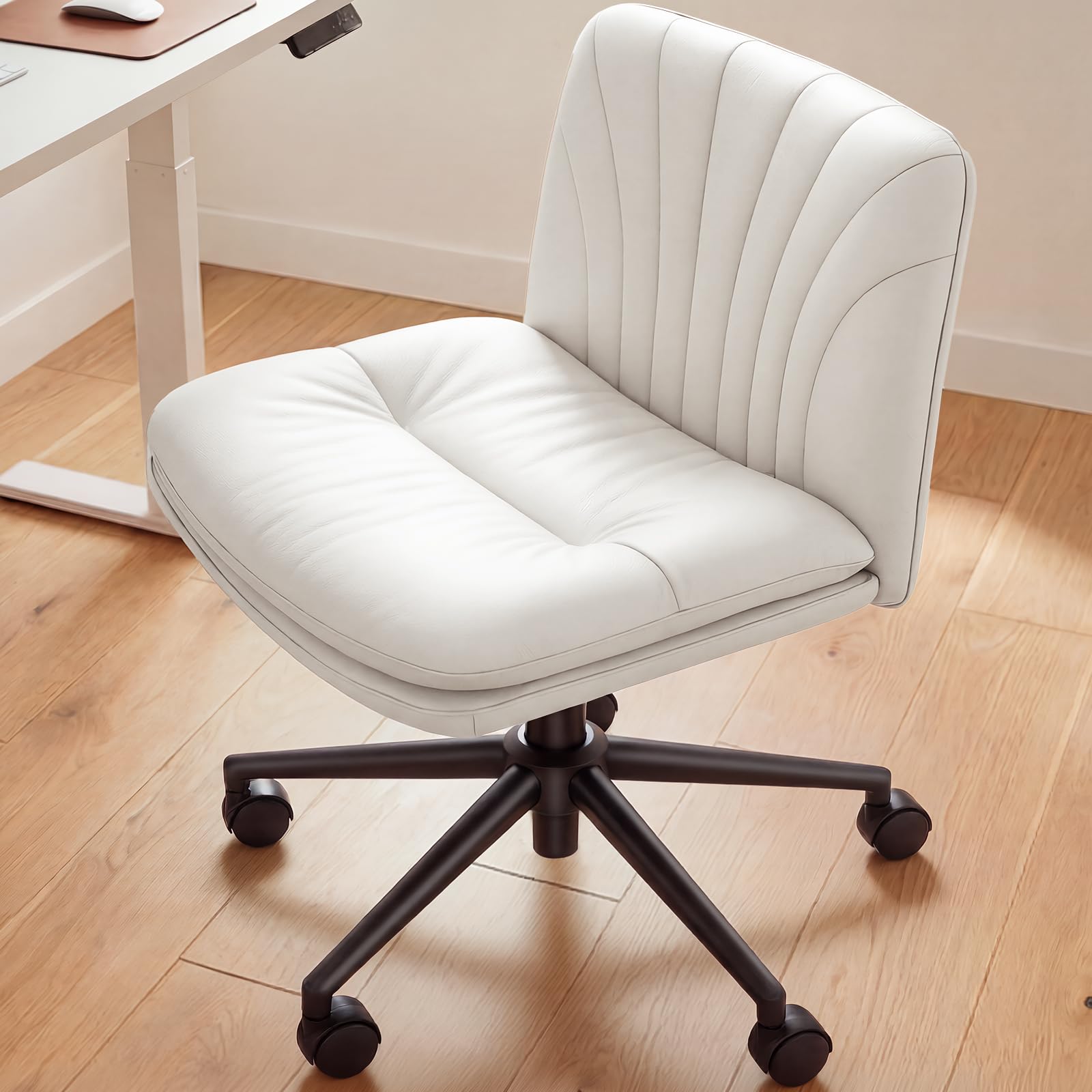 Photo 1 of *** see comments***    Marsail Armless-Office Desk Chair with Wheels: PU Leather Cross Legged Wide Chair,Comfortable Adjustable Swivel Task Chairs for Home,Office,Make Up,Small Space,Bed Room(Light Beige)