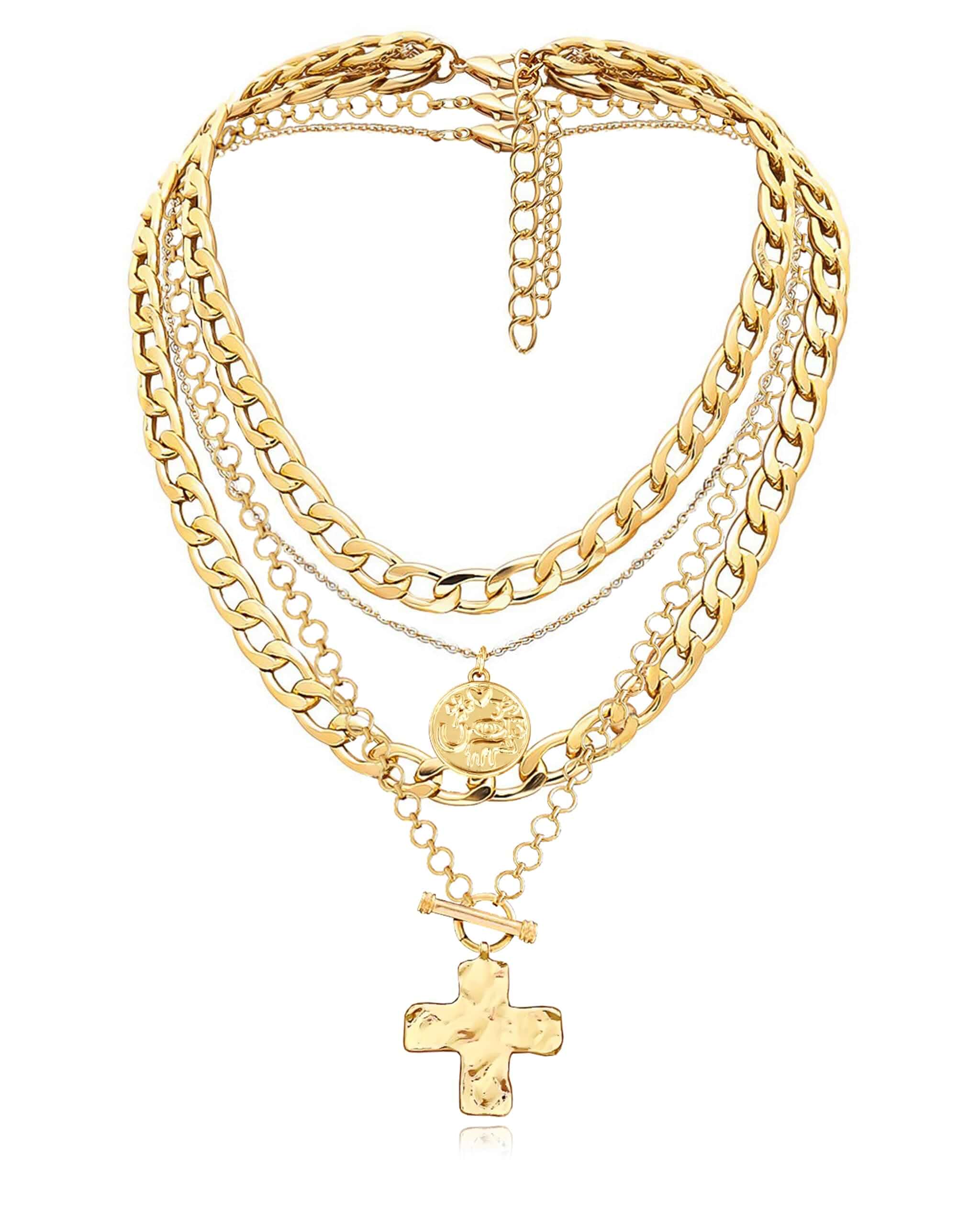 MJartoria Layered Necklaces for Women Trendy Retro Coin and Cross Pendant Necklace Dainty Chunky Chain Necklaces for Jewelry Birthday Gifts