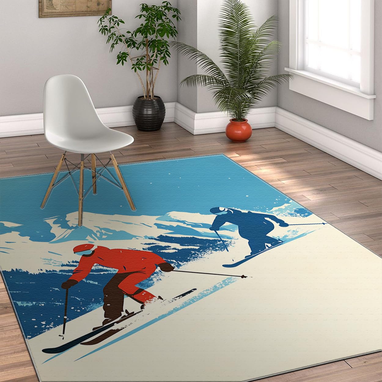 Dywaniki w nowoczesnym stylu narciarskim 150 x 210 cm czerwono-niebiesko-biały wzór narciarski niski dywan można prać do salonu, sypialni, pokoju zabaw stadionu