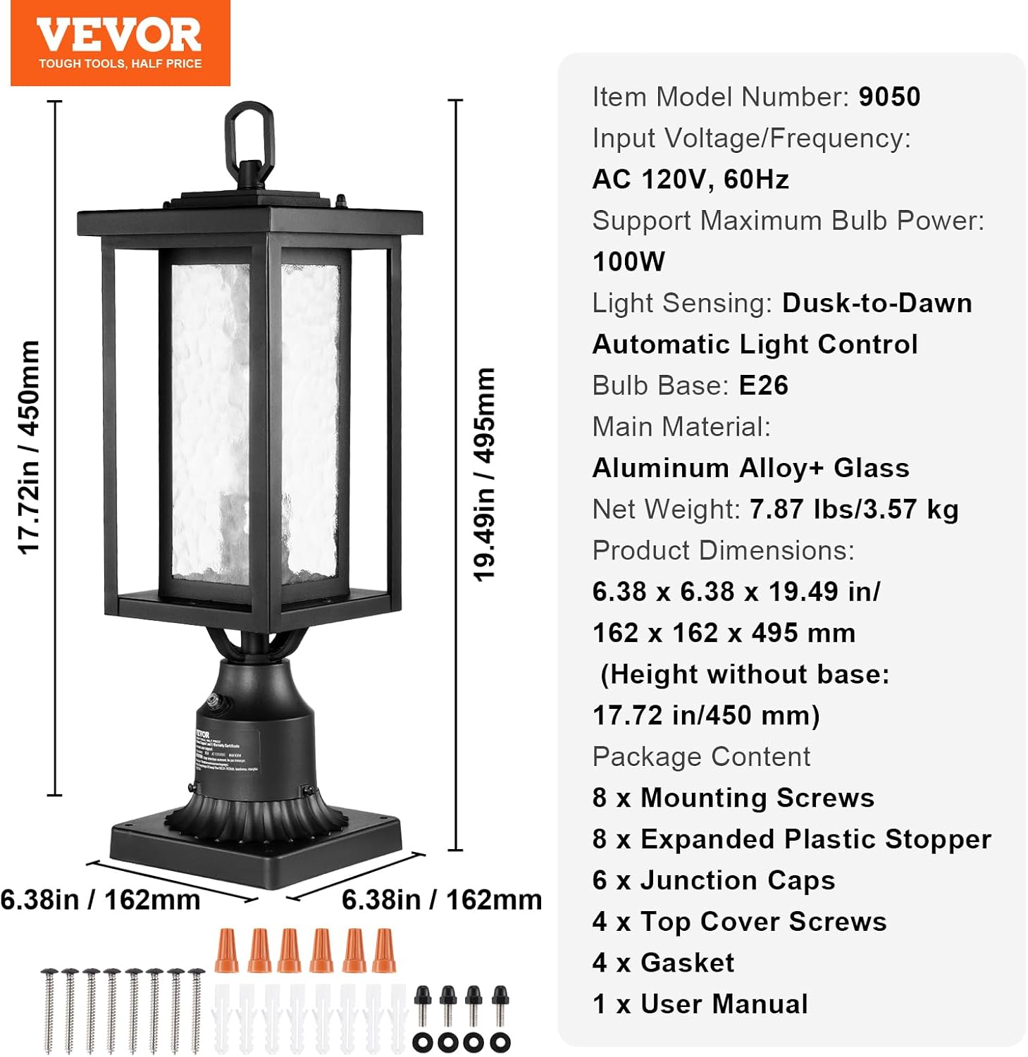 VEVOR 2 Pack Dusk to Dawn Outdoor Post Light, 19.47 in, Waterproof Lamp Post Light Fixtures with 3.5 in Pier Mount Base Glass Shade, Lightning-proof Exterior Pole Column Light for Patio Garden Pathway