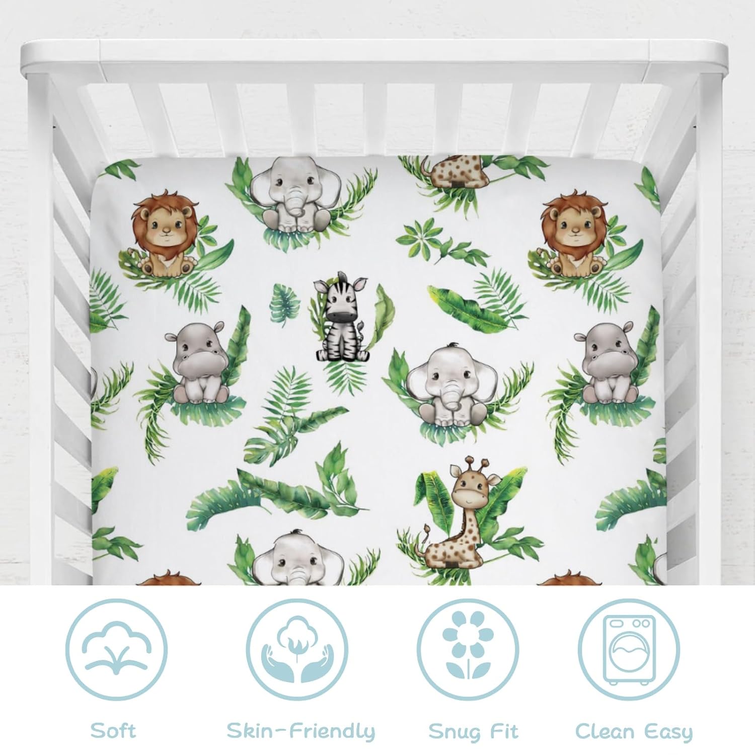 Baby Jungle Safari Animals Tropical Leaves Crib Fitted Sheet 52''x28'' Lion Hippo Elephant Giraffe Zebra Snug Fitted Crib Mattress Cover for Boy Girl Nursery Bed Sheets for Standard Toddler Mattress