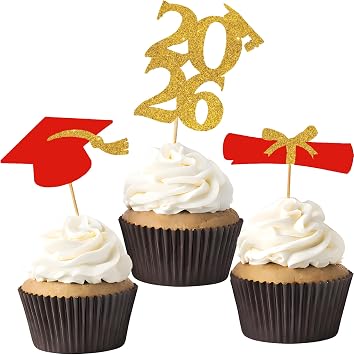 OHOME Graduation Decorations 2026 2027-36 PCS Graduation Cupcake Toppers - 2026 Graduation Party Decorations - Mini Cake Decorations for Class of 2026,Diploma, 2026, Grad Cap Set Red
