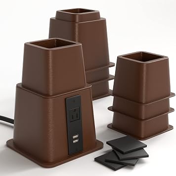 Home Intuition Heavy Duty Adjustable Bed Risers Furniture Riser 3, 5 or 8-Inch, 4 Pack Espresso Brown W/USB