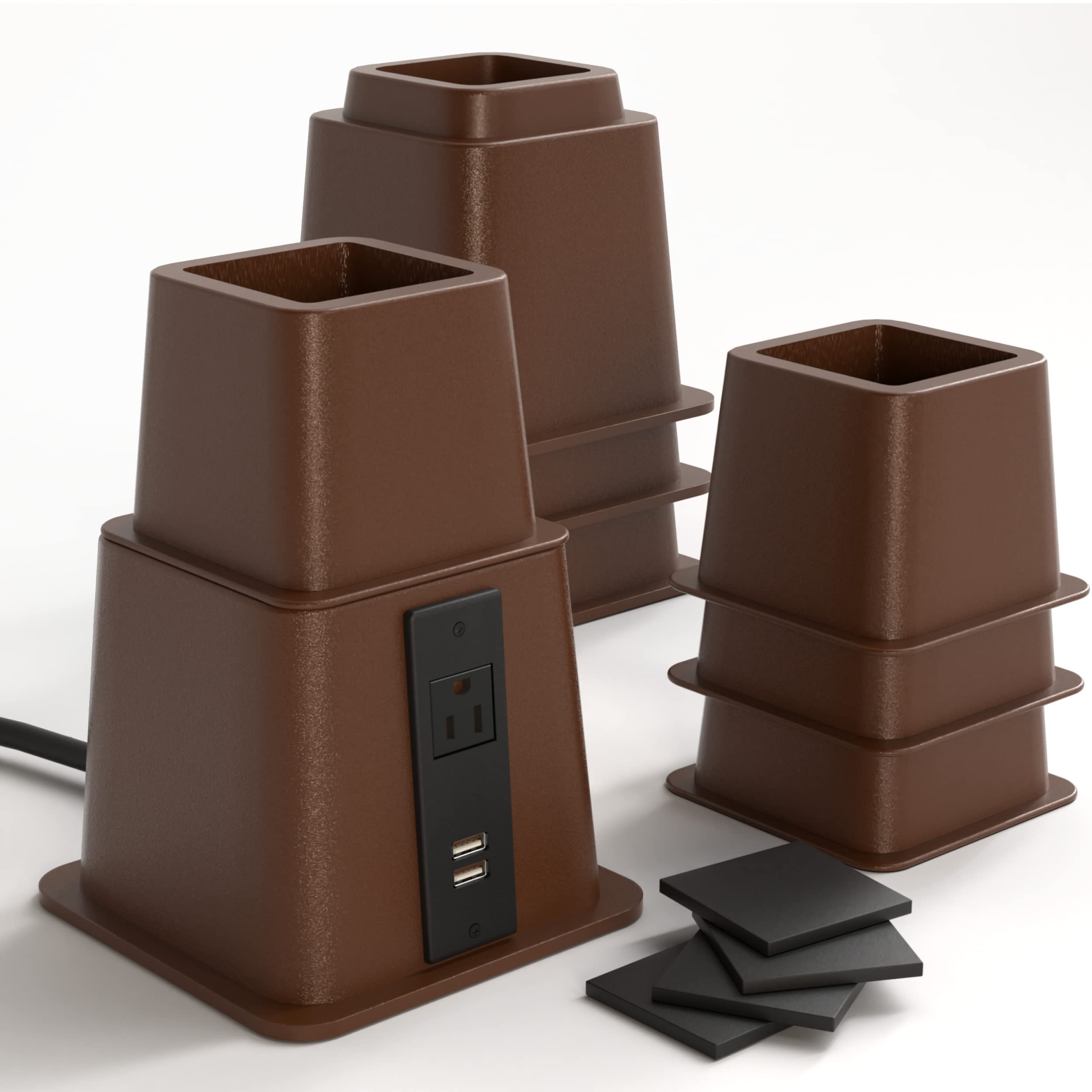 Home Intuition Heavy Duty Adjustable Bed Risers Furniture Riser 3, 5 or 8-Inch, 4 Pack (Espresso Brown W/USB)