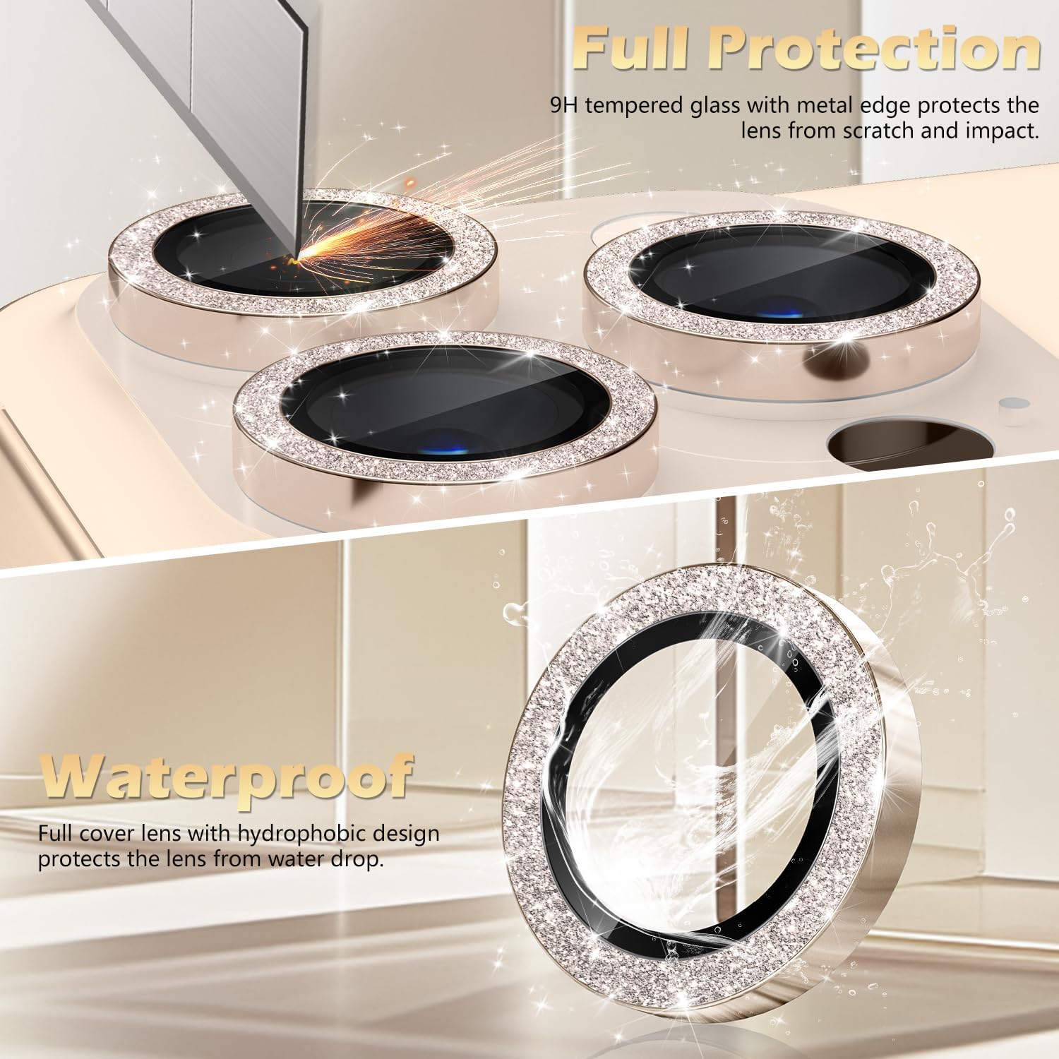 imluckies Glitter Camera Lens Protector for iPhone 16 Pro - iPhone 16 Pro Max, AR+AF Tempered Glass, 9H Ultra-Tough Metal Individual Lens Cover, HD Clear Camera Accessories - Bling Desert Titanium 4