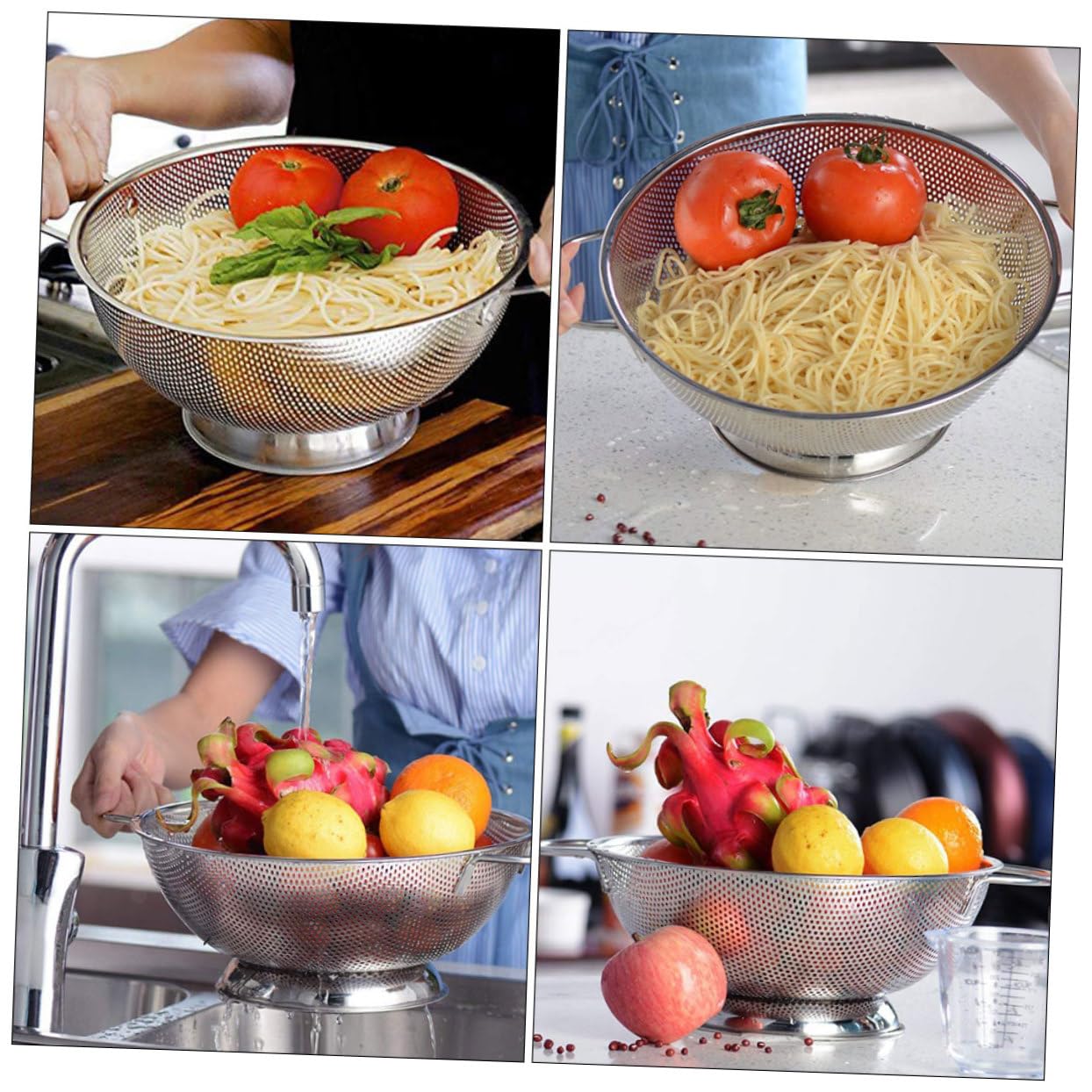 Colador de Acero Inoxidable con Asas, Malla Fina para Cocina | Plata, Doble Asa y Orificios Finos, para Enjuagar Arroz y Escurrir Alimentos