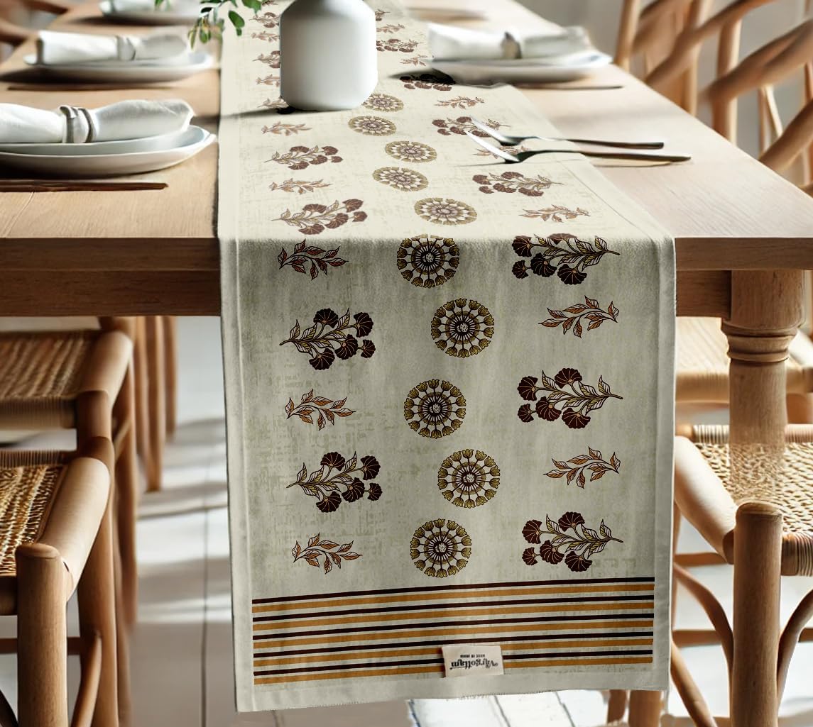 Handcrafted Double Layer Cotton Table Runner - Vargottam Fabric Table Linen with Border - Machine Washable, Stylish Runner for Dining & Console Tables - Block