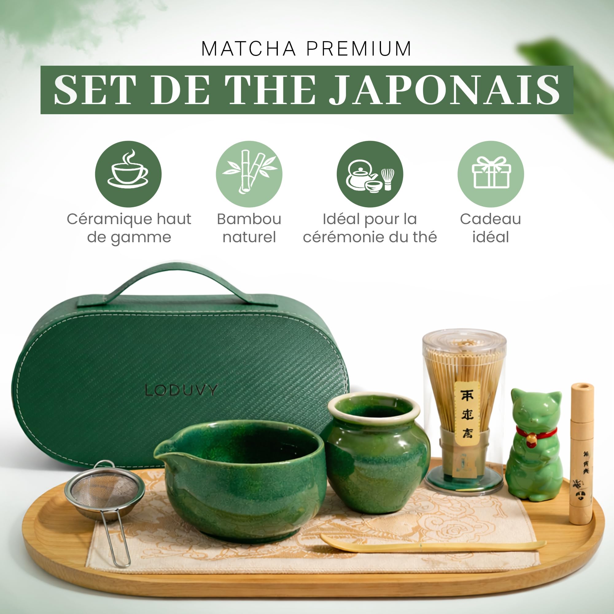 Kit Matcha Cérémonie 10 Pièces avec Sac de Transport – Set Matcha Complet avec Fouet Matcha Bambou, Verre Matcha et Accessoires – Kit Traditionnel pour Préparer le Thé Matcha – Idée Cadeau
