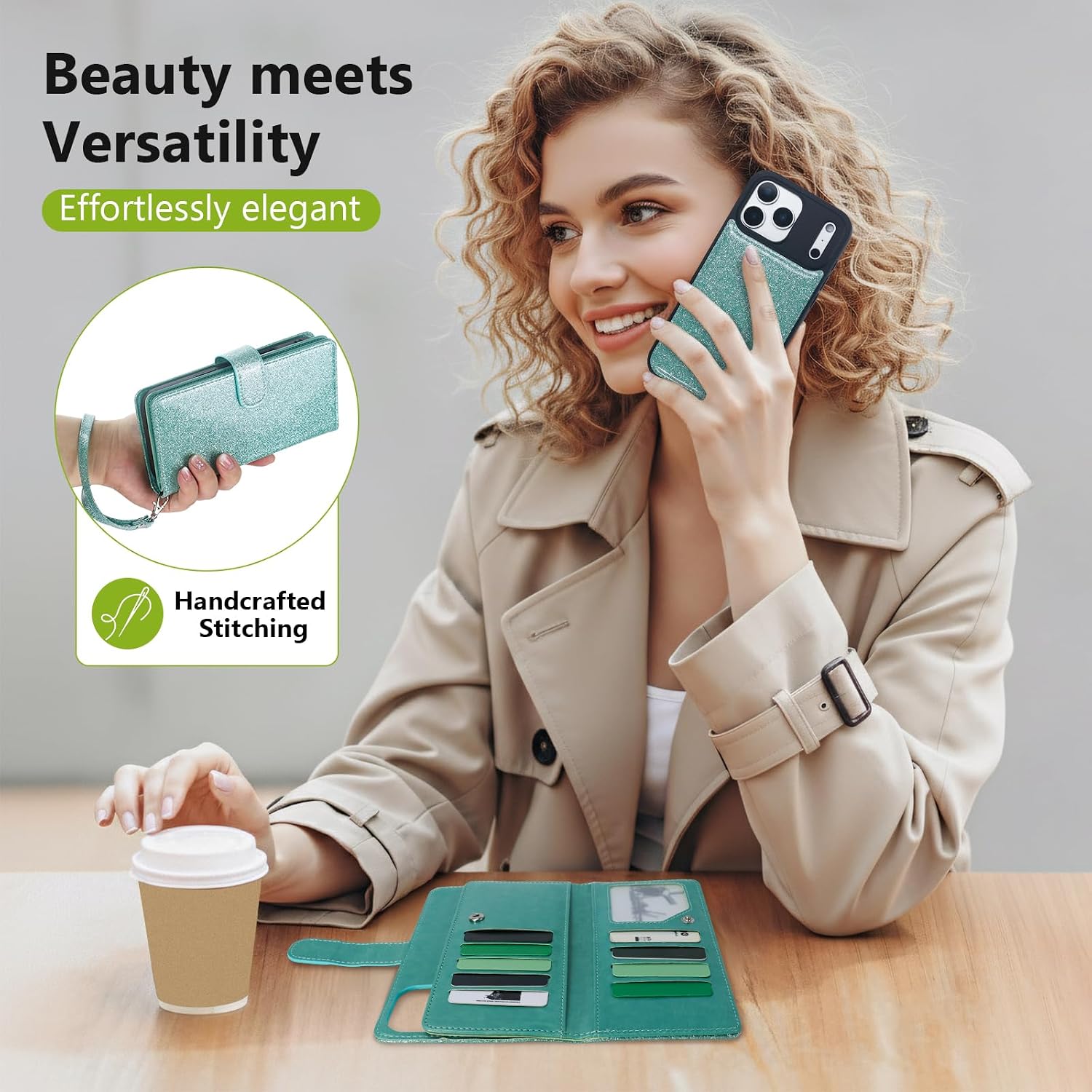Varikke for iPhone 17 Pro Wallet Case Detachable with RFID Blocking Card Holder for Women, Glitter PU Leather Strap Strong Magnetic Flip Removable Phone Case Cover for iPhone 17 Pro 6.3", Mint Green