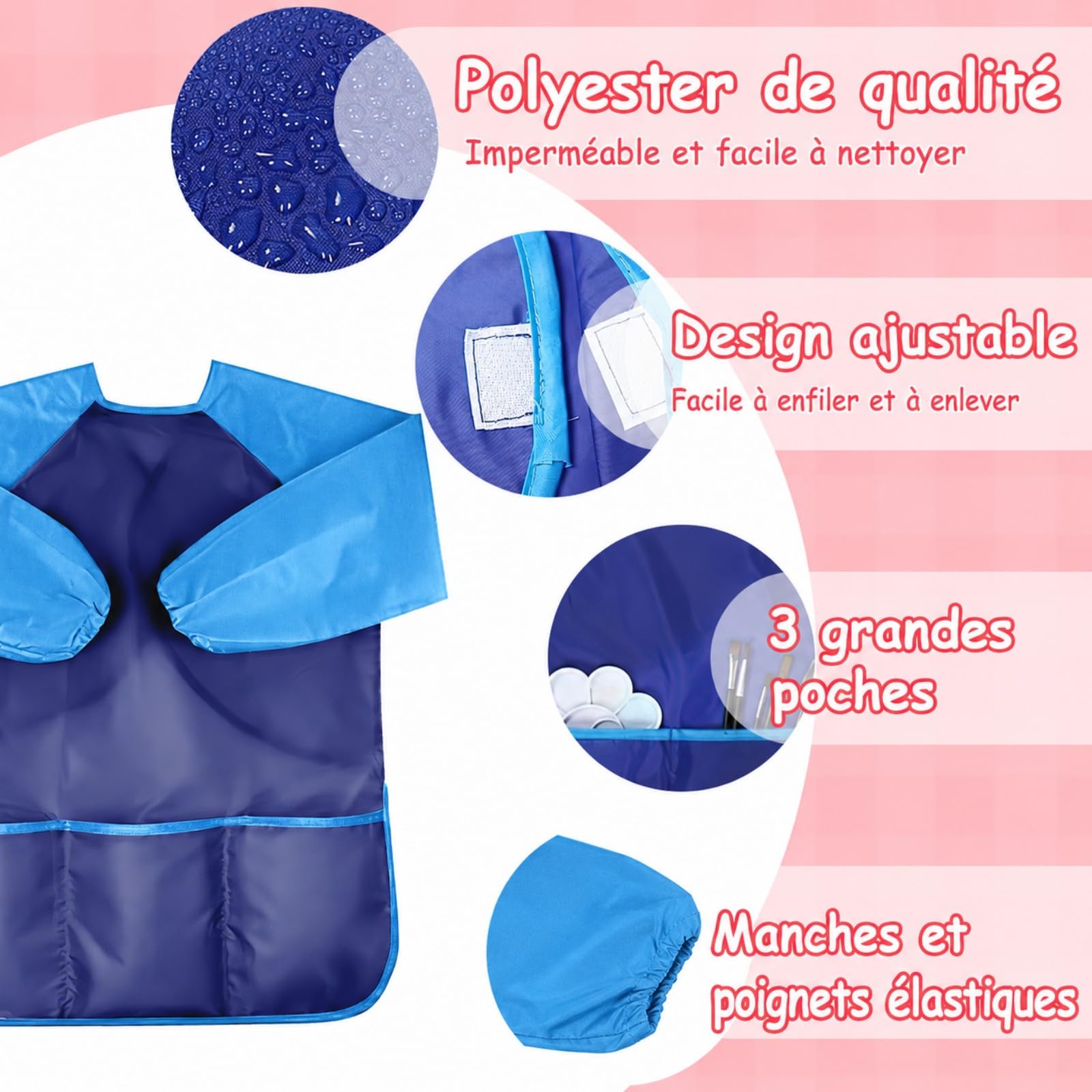 Lot de 24 Tabliers Enfant Peinture avec Manches Longues, Tablier Imperméable pour Enfants 3-8 Ans, Blouse de Peinture avec 3 Poches pour Activité Manuelle, Cuisine, École, Taille M