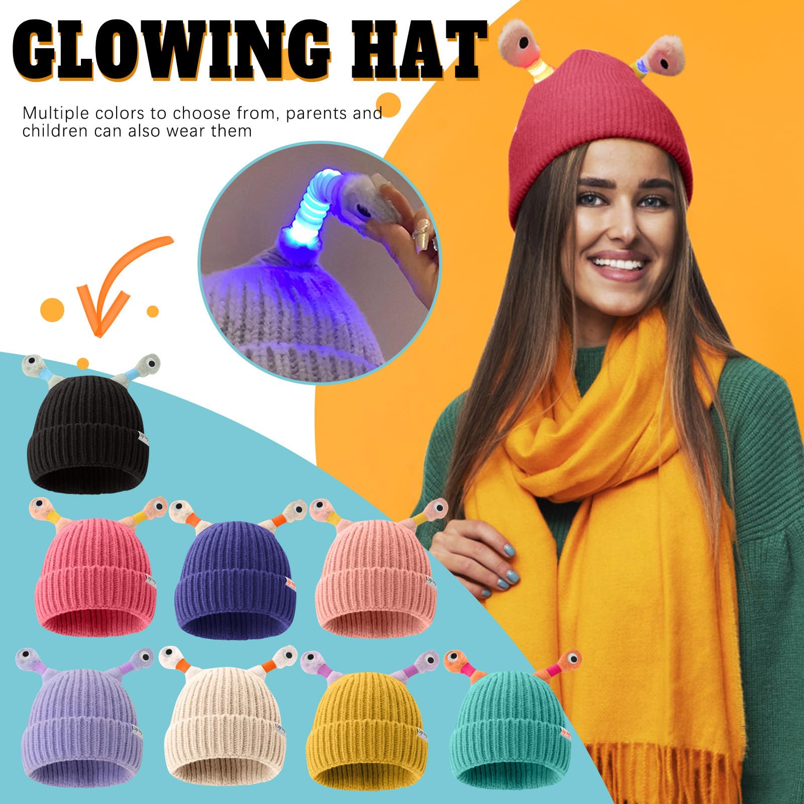 BOLUOBAO Light Beanie Hat Unisex LED Winter Hats Cute Monster Knitted Skull Cap Soft Warm Cuffed Beanie for Party Purple