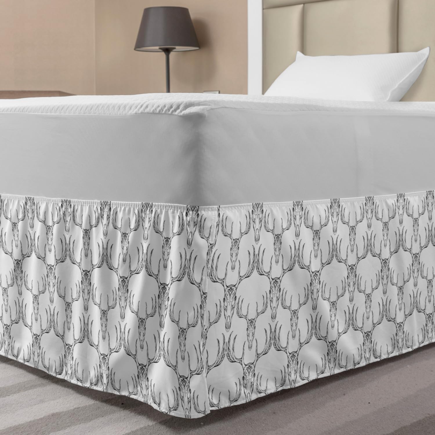 Lunarable Antlers Elastic Bed Skirt Bohemian Style Hand Drawn Deer Skull with Horns Doodle Wrap Around Fabric Bedskirt