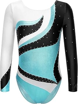 Girls Ballet Leotard Childrens Bodysuit Gymnastics Rhinestone Long Sleeve Leotard Dance Ballet Suit Girls Figure Skating Bright Performance Costumes for Ballet, GymnasticsBlue A,12