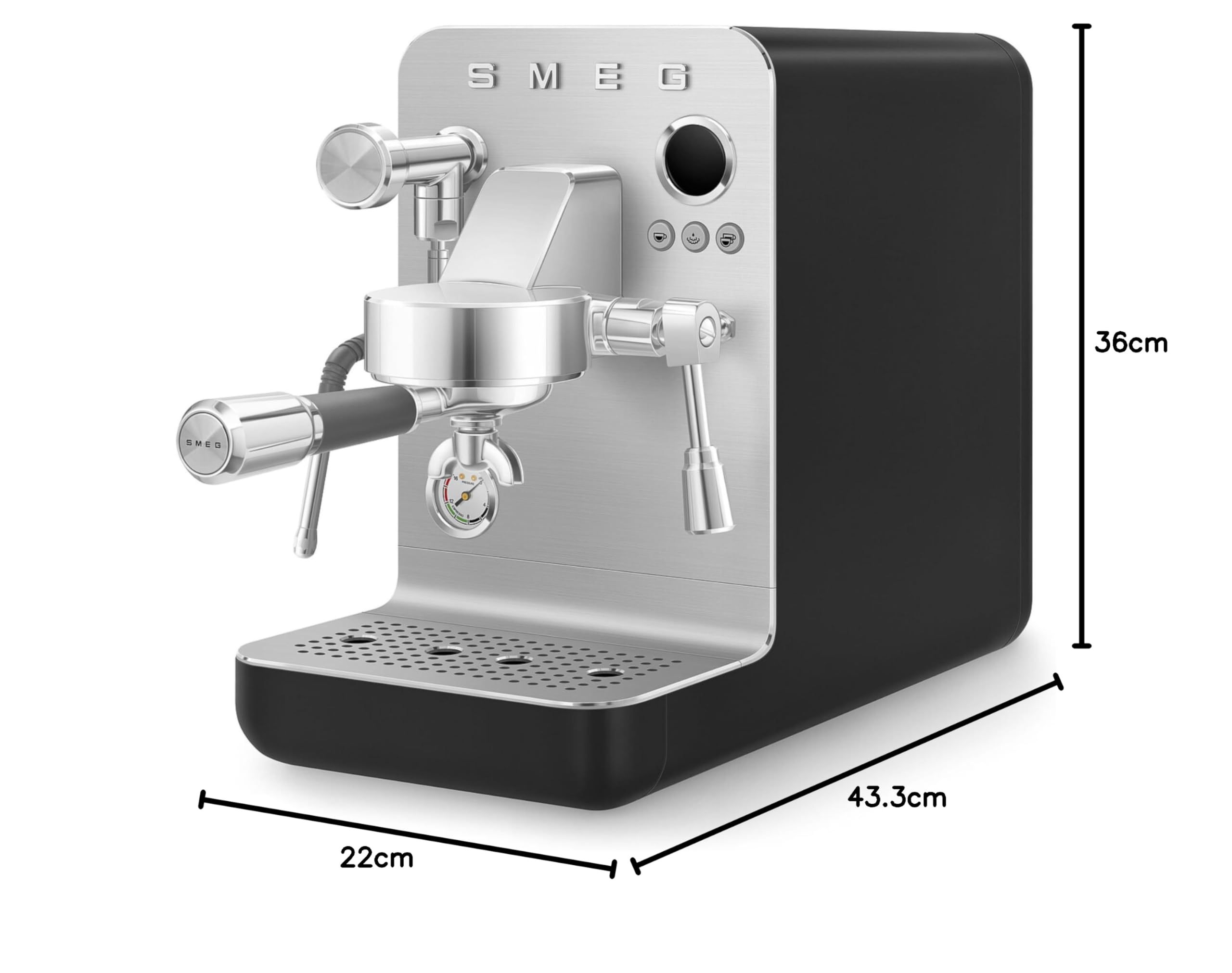 Smeg, Macchina da Caffè Espresso Manuale MiniPro EMC02, Triplo Termoblocco, Lancia Vapore e Portafiltro Professionali, Serbatoio da 1,7L, Cassetto Raccogligocce Rimovibile, 1700W, Nero Matte
