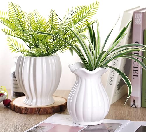Miniatura 7 de VanEnjoy Florero decorativo de cerámica blanca de 6 pulgadas con diseño acanalado moderno de 6 pulgadas, flor de loto blanco