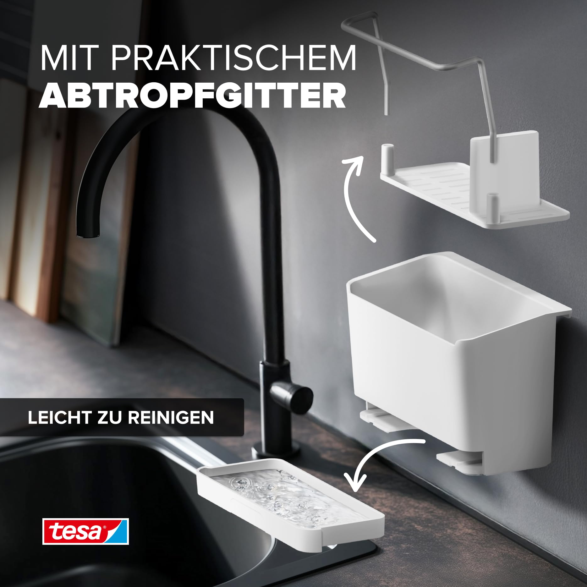 tesa Spülbecken-Organizer zum Kleben ohne Bohren – Schwammhalter Küche,Spülbürstenhalter & Spültuchhalter Spülbürste, Schwamm und Spüllappen - schmal – modernes Küchenzubehör Wandmontage – Weiß