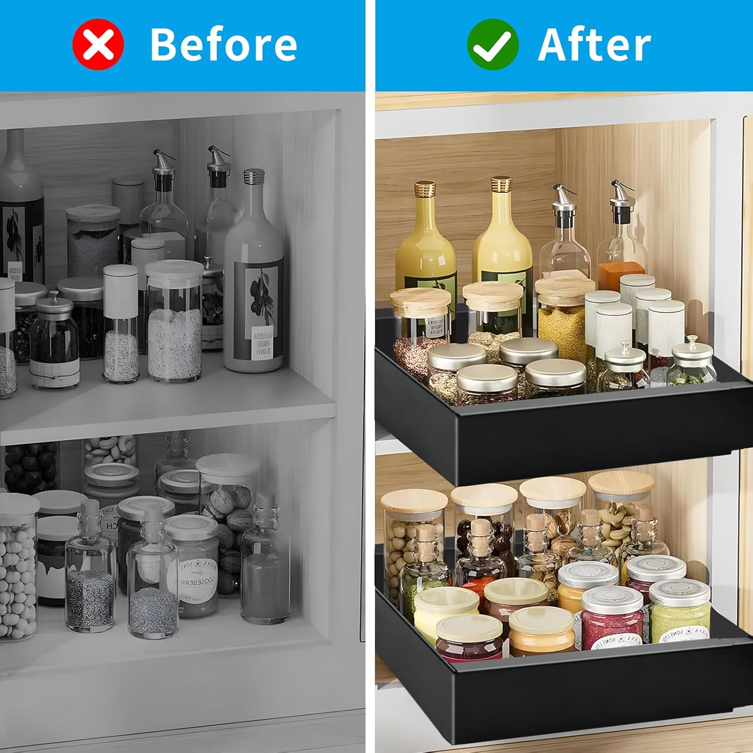 PYOF 2 Pack Pull Out Cabinet Organizer - 21" Deep Pull Out Drawers for Cabinets Expandable(12.4"-20.5") with Adhesive Nano Film Slide Out Drawers for Kitchen Cabinets Shelves Pantry Bathroom (Black)