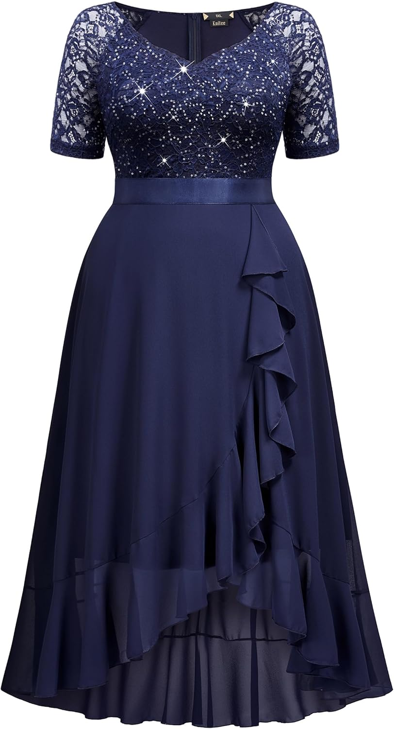 Knitee Women's Plus Size Sequin Lace Sweetheart Neck Ruffled Hemline Formal Evening Maxi Dresses - Image 5