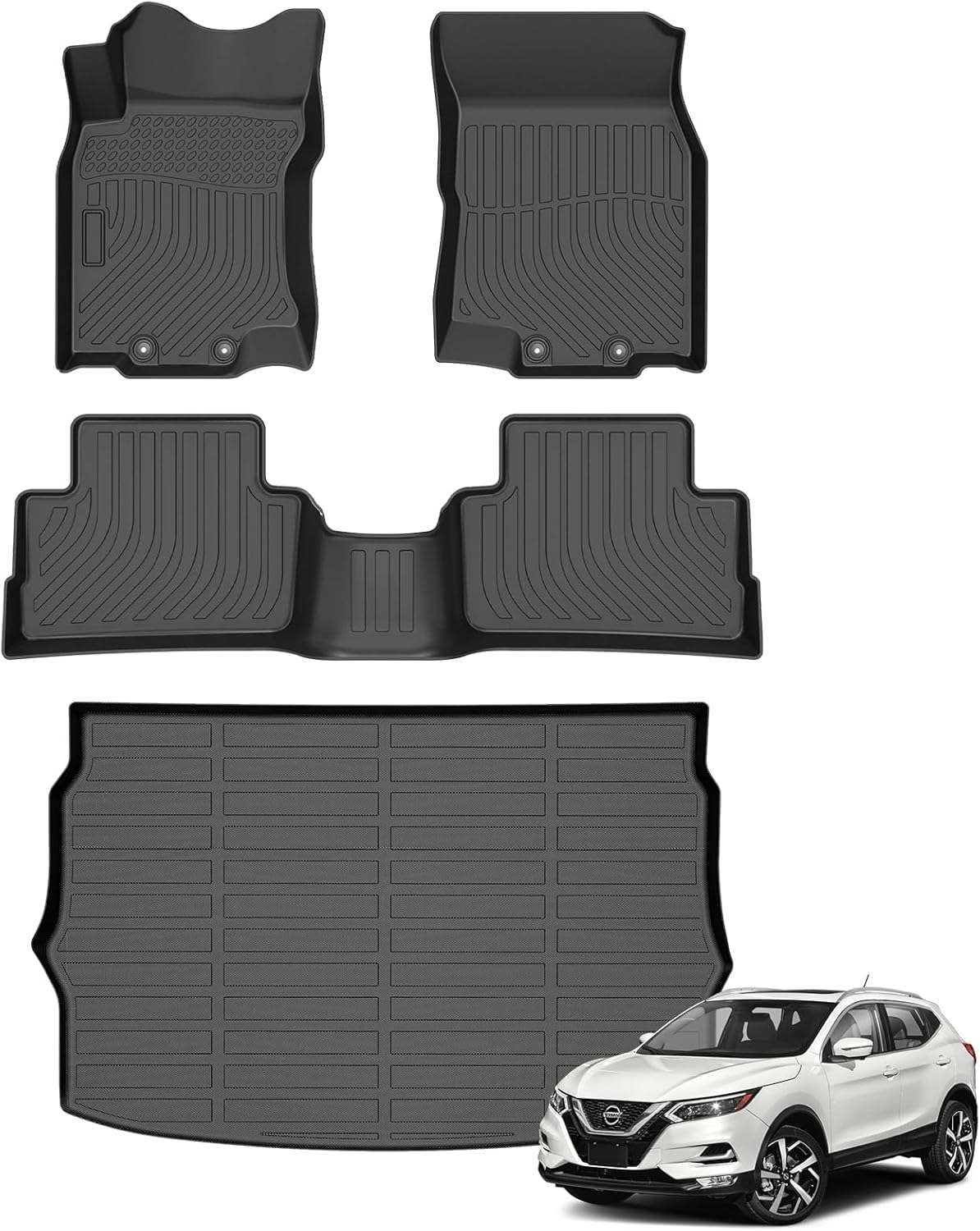 Floor Mats for Nissan Rogue Sport 2017 2018 2019 2020 2021 2022 (Only Fit Cargo Mat in Upper Position), TPE Rubber All Weather Protection Floor Liners Custom Fit, Front & 2nd Row & Trunk Mat