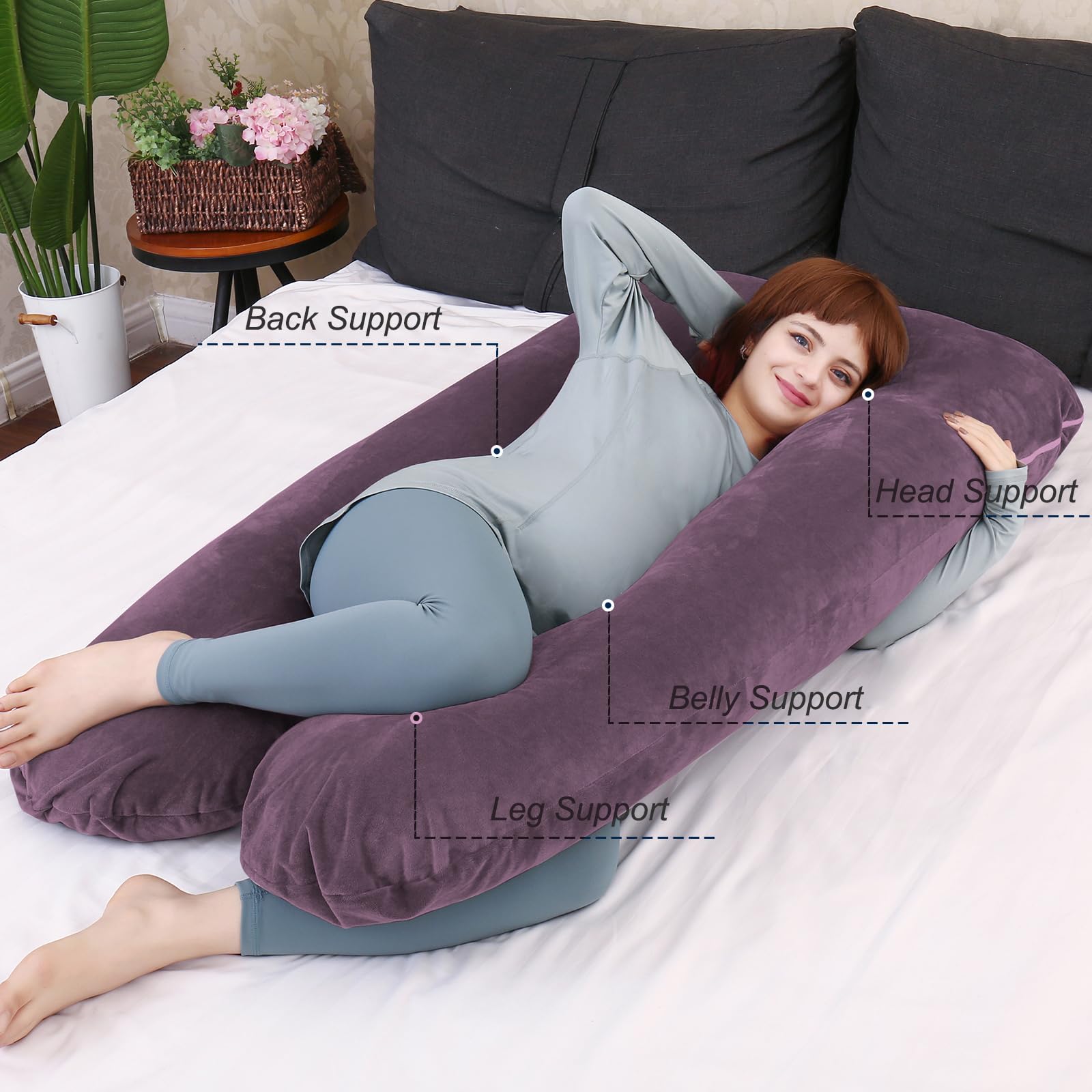 Cojín de embarazo en forma de U para dormir con forma de U, puede apoyar la espalda, los glúteos y las piernas de las mujeres embarazadas (morado)