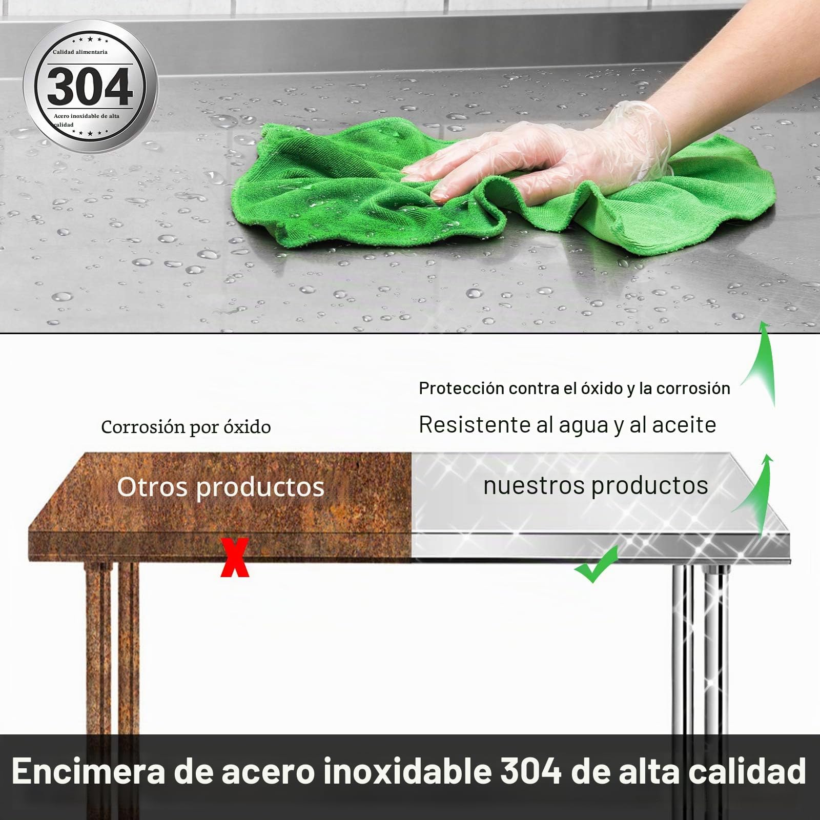 HENGMEI Mesa de cocina de acero inoxidable, altura regulable, para cocina, bar, restaurante, 100 x 60 x 85 cm, con borde