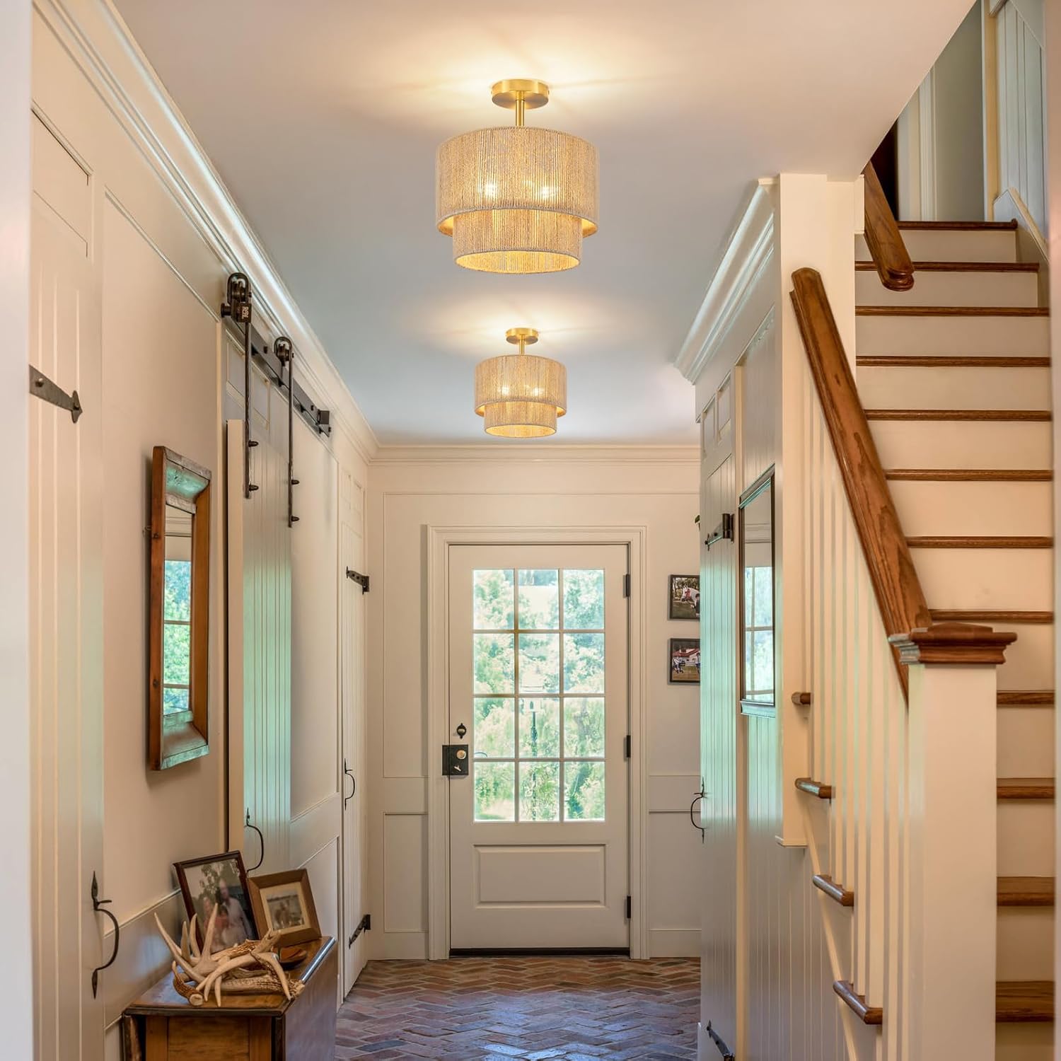 3-Light Boho Light Fixtures Ceiling Mount, 12.6" Rattan Semi Flush Ceiling Light with 2-Tier Shade, Rustic Hand-Woven Chandelier for Hallway Kitchen Foyer Farmhouse Bedroom