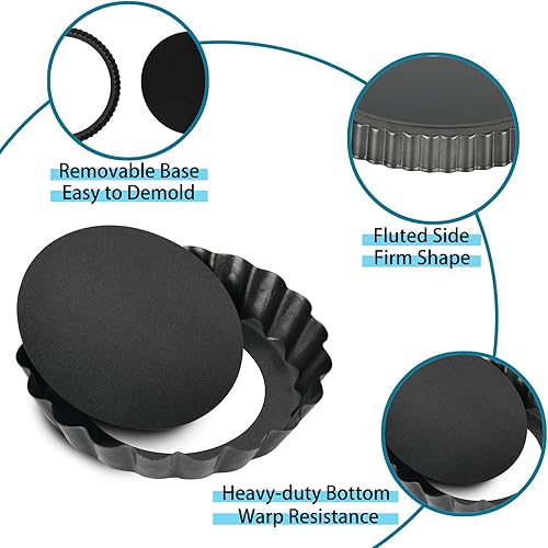 Miniatura 3 de Juego de 10 mini sartenes para tartas con fondo extraíble de 4 pulgadas, antiadherente, redonda, acero al carbono resistente para pasteles de