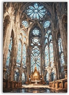 Vintage Poster - Premium 500 Piece Adult Jigsaw Puzzle A Cologne Cathedral with Large Stained Glass Windows and Statues Impossible Challenging Vintage Bookshelf Religious Puzzles As Art Decoration