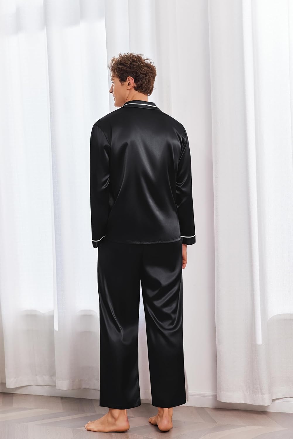 Ekouaer Mens Pajamas Set Silk Satin Pajama Set 2 piece Loungewear Long Sleeve Sleepwear Button-Down Pj with Long Pants S-XXL - Image 3